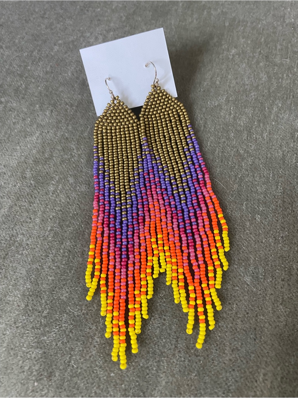 Handmade Multicolor Beaded Fringe Earrings - Yellow, Orange & Purple